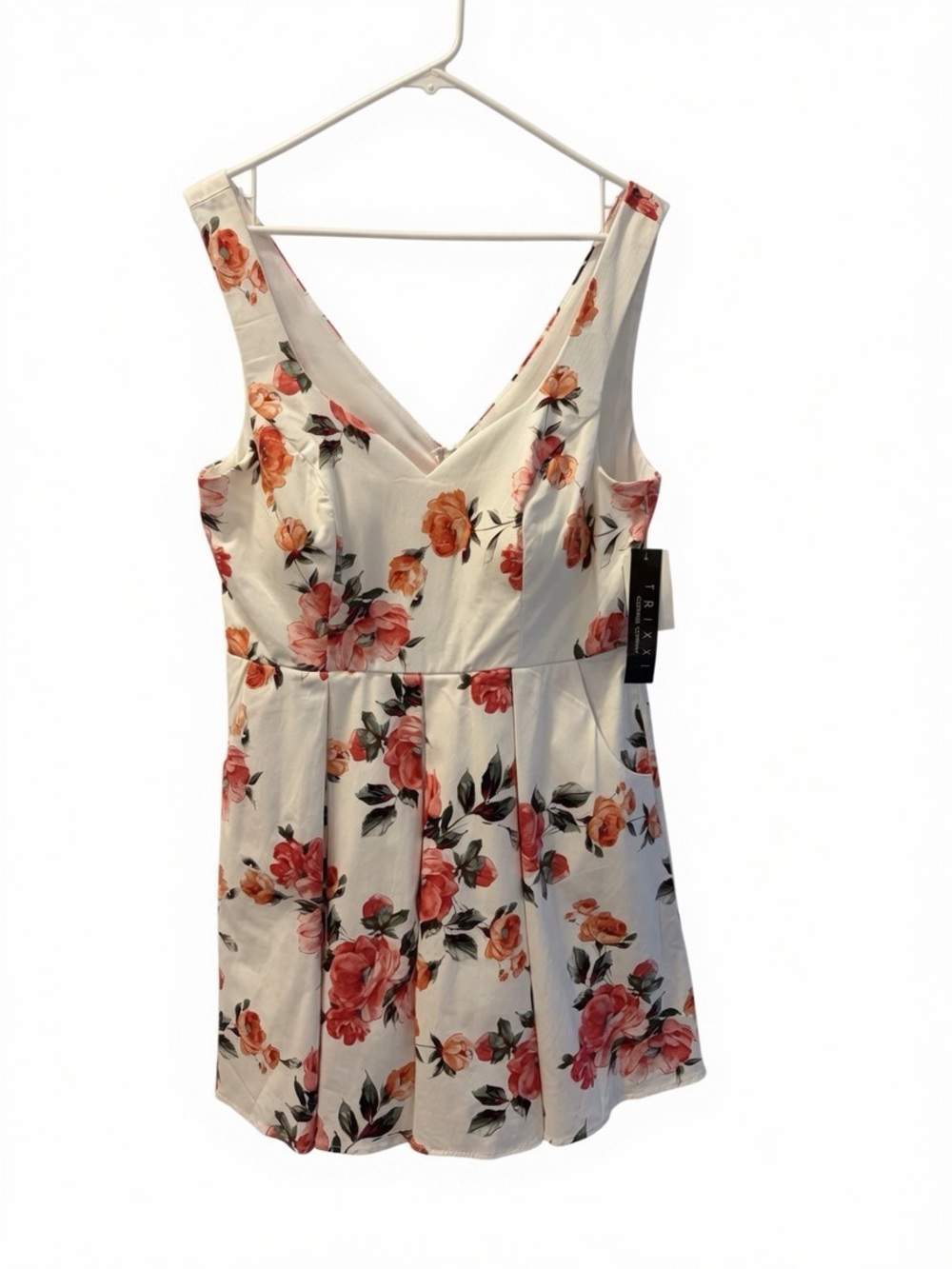 Trixxi Floral V-Neck Camisole Top - White with Pink/Coral Roses